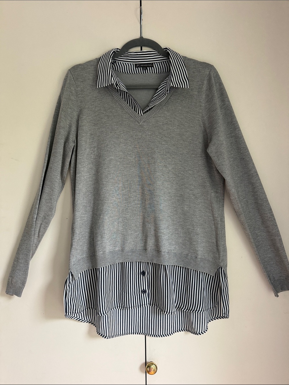 Adrianna Papell Navy & White Striped Layered Top with Gray Knit